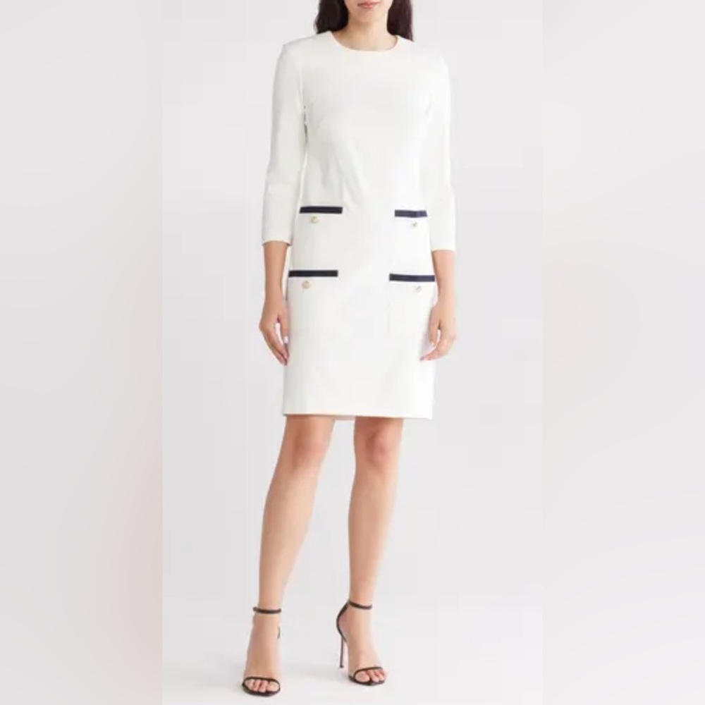 Eliza J Ivory Dress with Dark Blue Details